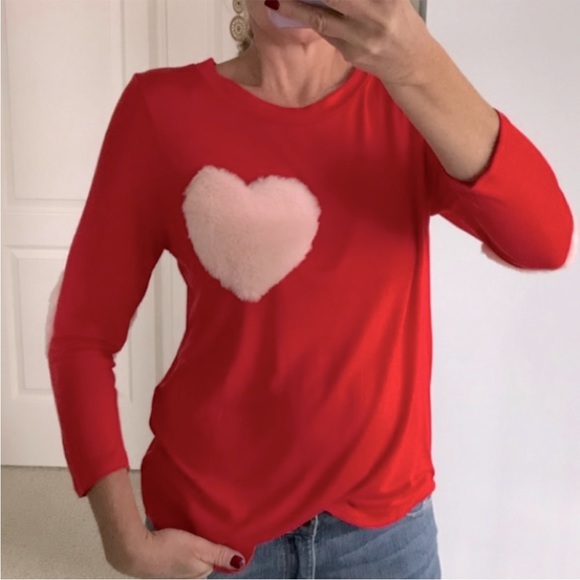 Red, Fuzzy Heart Long Sleeve Top - Picture 3 of 6
